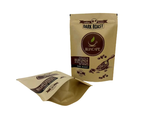 Compostable Biodegradable Standup Fondo plano de papel Kraft Embalaje de alimentos Bolsa de cremallera Bolsa de café impresa a medida con válvula