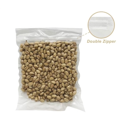 Fabrica OEM Almacenamiento de alimentos personalizado Bolsas de sello de vacío de nylon con doble cremallera en relieve