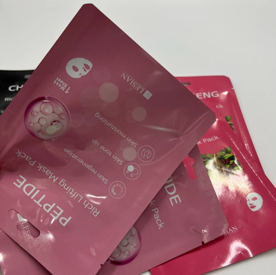 Cosméticos personalizados de alta calidad Bolsa de máscara facial de pie Sello de tres lados fácil de rasgar Fuel de aluminio puro Sello térmico de material PE PET