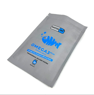 Sello térmico impreso a medida Bolsas de plástico de aluminio de grado alimenticio Envases de sello de tres lados con cremallera reutilizable para parches
