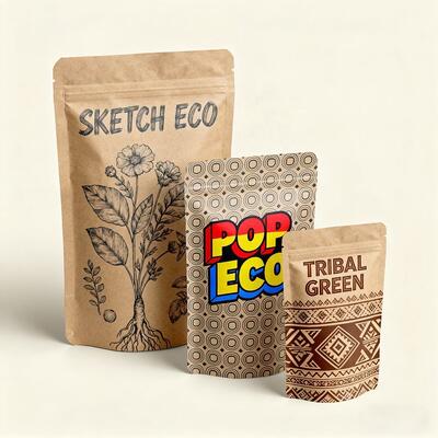 Papel Kraft blanco a medida Compostable ecológico Bolsas de comida de pla Bolsa de café de pie Bolsa de cierre con cremallera biodegradable