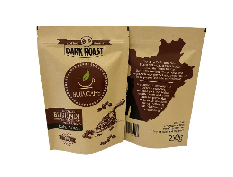 Compostable Biodegradable Standup Fondo plano de papel Kraft Embalaje de alimentos Bolsa de cremallera Bolsa de café impresa a medida con válvula