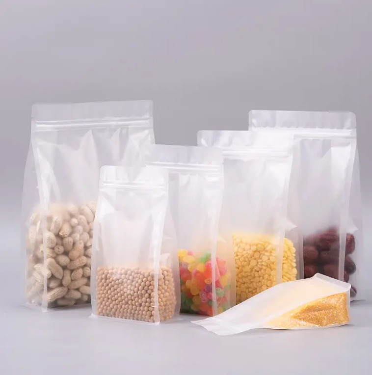 Envasado de plástico de fondo plano de ocho lados, sello transparente, cerradura con cremallera, frutas secas, alimentos, envases de arroz, bolsas de plástico
