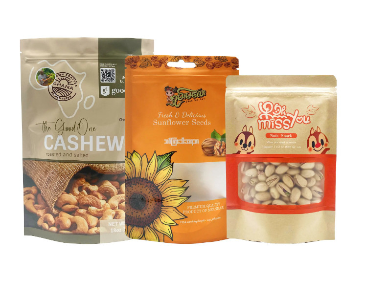 Embalaje de alimentos de frutas secas con cremallera de pie en la parte superior Bolsa de cacahuetes y nueces Bolsa de pinos Maní mezclado con anacardos Embalaje