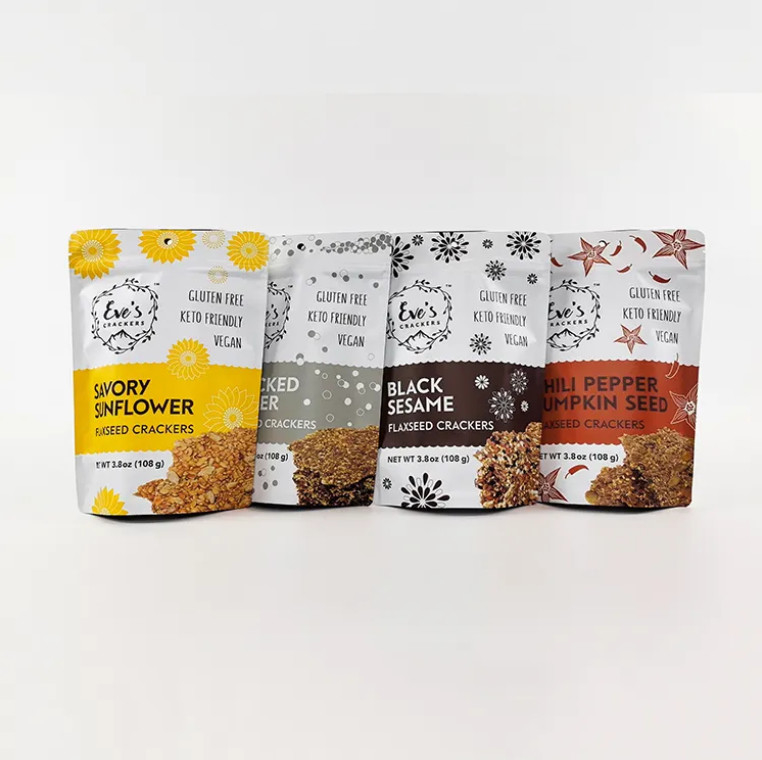 Impreso a medida 100g 250g 500g Bolso de pie Galletas de linaza Crackers a prueba de olor Zipper Bolsas de embalaje de alimentos