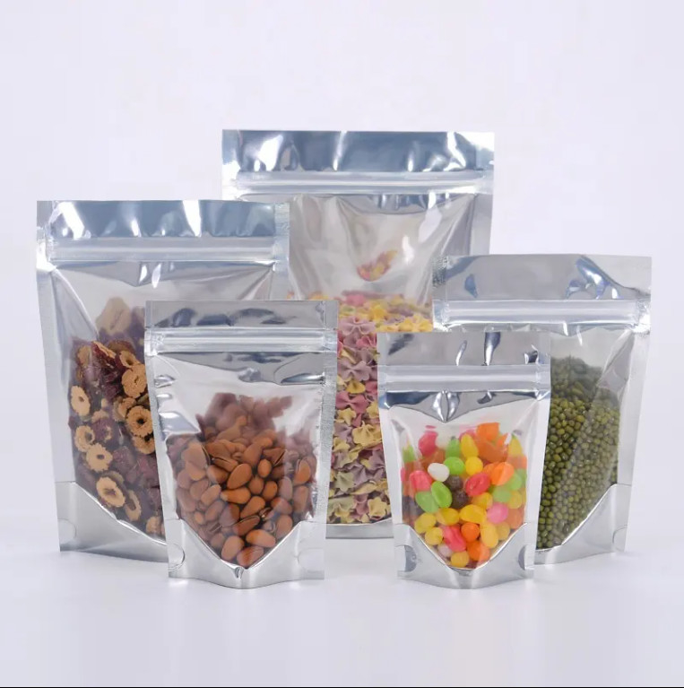 Bolsas de entrega de alimentos de aluminio laminado reutilizable y brillante Bolsas con cierre de cerradura Yin Yang Bolso de pie con frente transparente
