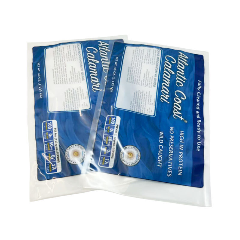 Bolsas termoselladas con logotipo impreso a medida, sellado por tres lados, para envasado de alimentos congelados, bolsas de plástico al vacío para envasado de carne con ventana