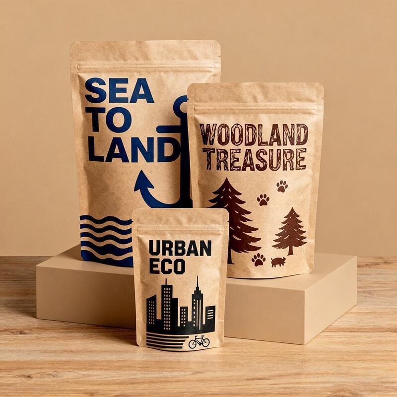 Papel Kraft blanco a medida Compostable ecológico Bolsas de comida de pla Bolsa de café de pie Bolsa de cierre con cremallera biodegradable